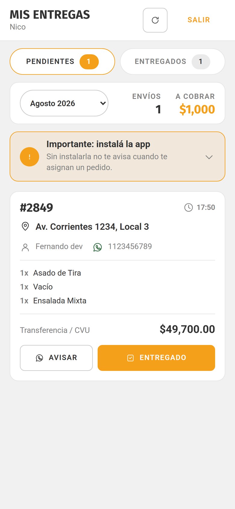 La app del repartidor con su envío en curso