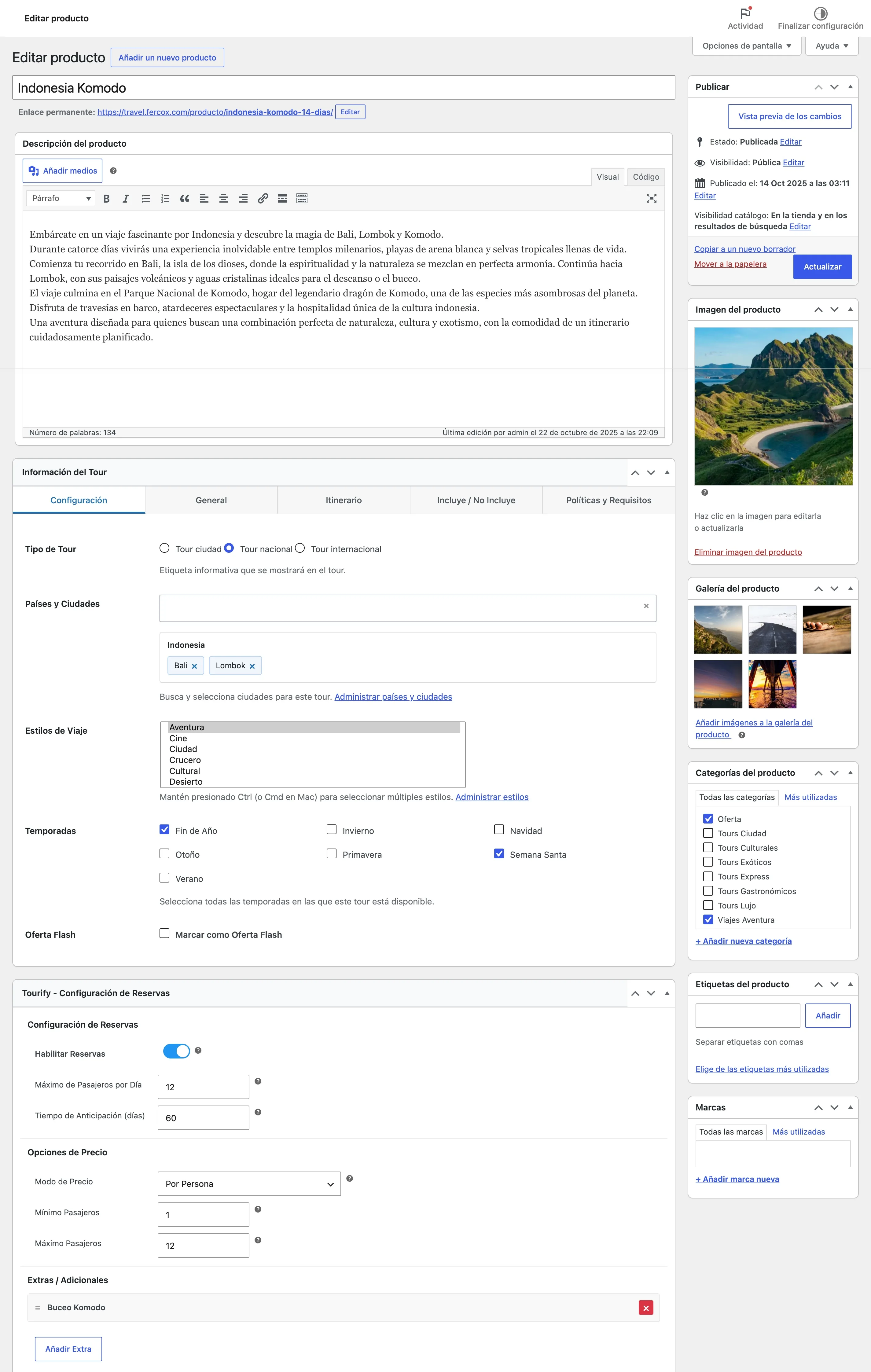Edición de un tour en Tourify — precios, disponibilidad y reservas