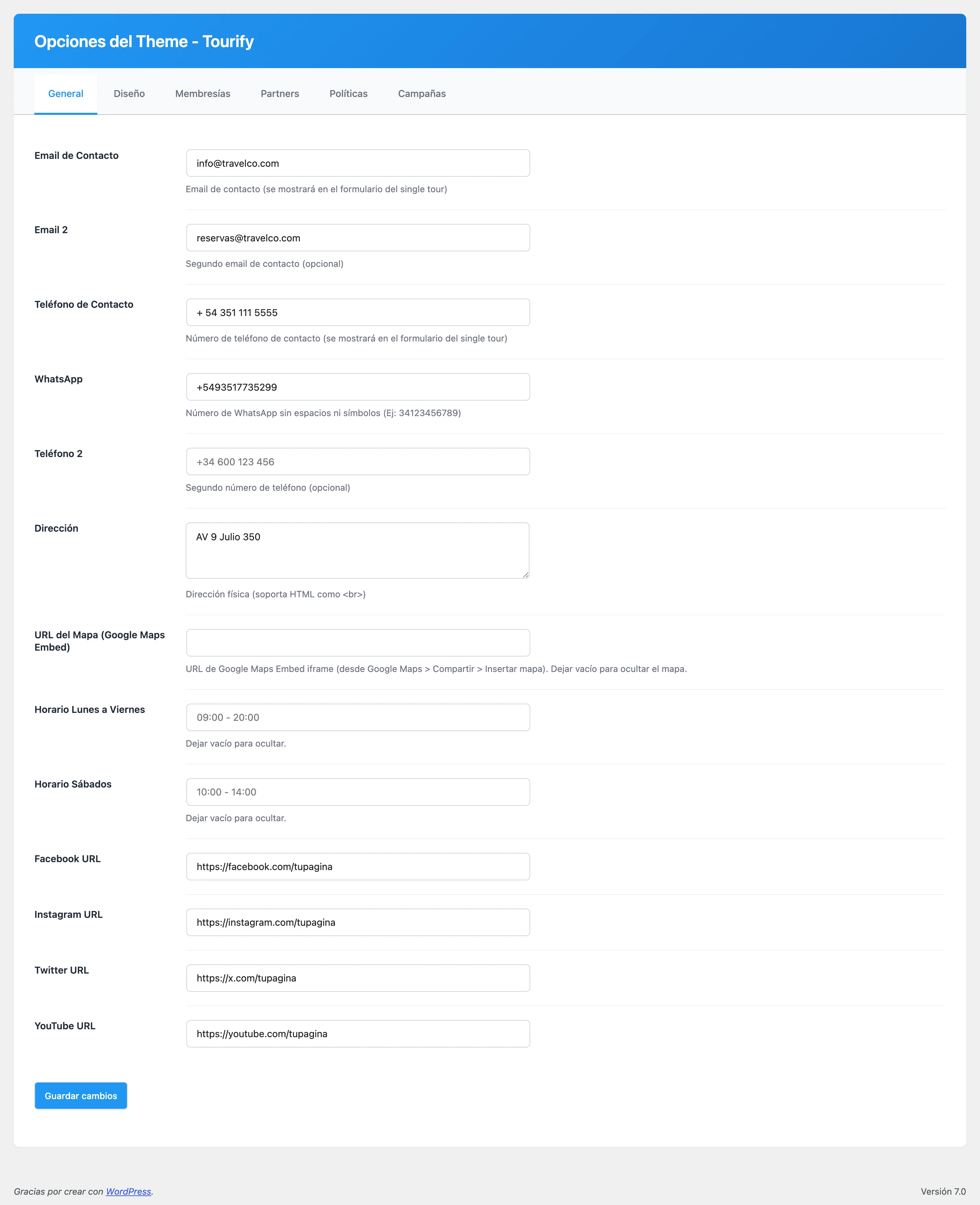Opciones generales del panel Tourify — contacto, WhatsApp y redes